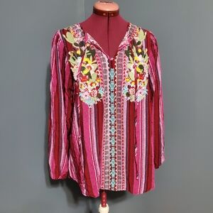ANDREE BY UNIT Red Pink Floral Embroidered Blouse Bohemian Women's Top Size S